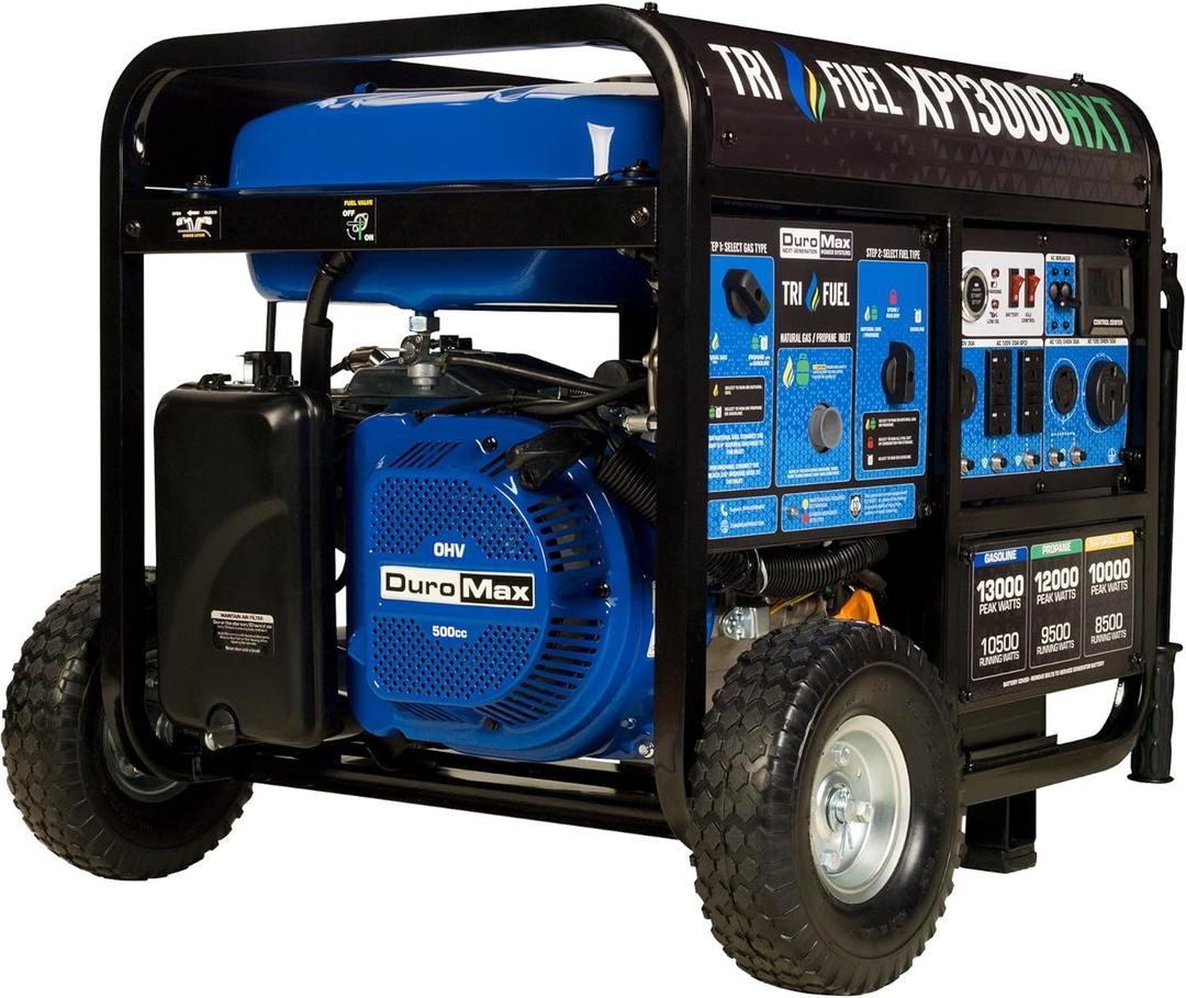 DuroMax XP13000HXT 13,000-Watt 500cc Tri Fuel Gas Propane Natural Gas Portable Generator with CO Alert, Black/Blue