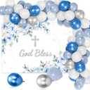 LaVenty Baptism Party Decorations Blue Silver Balloon Garland Backdrop Cross Balloon for First Communion Confirmation Party Supplies