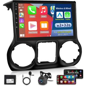 NHOPEEW Wireless Carplay Android Car Radio for Jeep Wrangler 2015-2017, 2+32G 10.1 Inch Touchscreen with Android Auto/DSP/GPS/WiFi + AHD Backup Camera and Mic