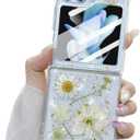for Samsung Galaxy Z Flip 7 FE/Z Flip 6 Clear Glitter Floral Case,Cute Pressed Dried Real Flowers Design Bling Sparkly White Floral Women Girls Protective Case for Galaxy Z Flip 7 FE/6,Clear