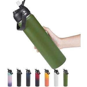 24oz Insulated Stainless Steel Water Bottle, Wide Mouth Double Wall Vacuum, Silicone Straw, Sweat & Leak Proof, BPA Free Insulated Water Flask for Travel, Keep Cold 24h Hot 12h, Green