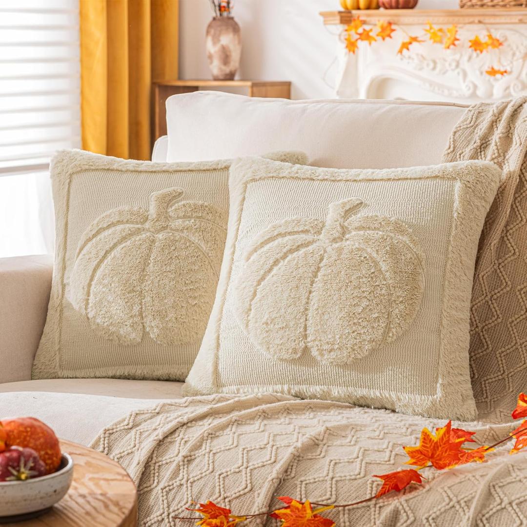 Beige Pumpkin Fall Pillow Covers 20"x20" Set of 2, Embroidered Faux Fur Decorative Throw Pillow Covers for Couch Soft Fluffy Plush Cushion Cases for Farmhouse Halloween Home Decor