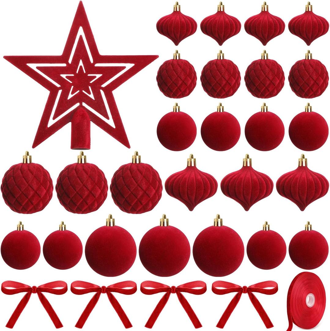 27 Pcs 3.15/2.36 inch Velvet Christmas Tree Ornaments Set Velvet Christmas Balls Bulk with Star Tree Topper and Ribbon Xmas Hanging Ornaments for Xmas Party Decor(Burgundy)
