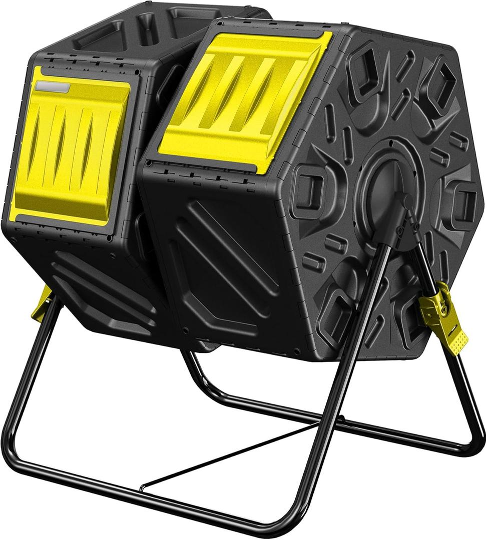 Compost Bin Outdoor, 2 Separate Tumbling Chambers, 37Gal Lagre Compost Tumbler with Sliding Door and Aeration System, 360° Rotating, Tumbling Composter Bin for Kitchen, Garden, Yard, Black Yellow