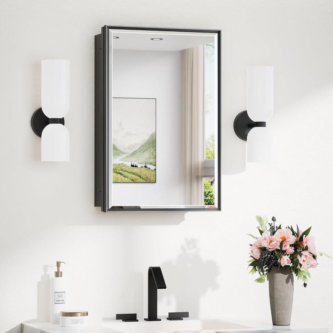 TokeShimi 16x24 Recessed Medicine Cabinet with Mirror Surface Mounted, Metal Beveled Mirror with Storage for Bathroom Vanity, Aluminum Black Medicine Cabinet Mirrored