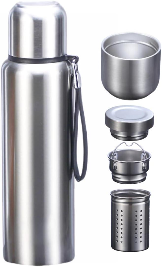 CDJ 34 oz Thermos with Tea Infuser Stainless Steel Vacuum Insulated Water Bottles with 2 Covers Flasks for Hot and Cold Drinks Large Coffee Bottle for Traval,Hiking,Camping