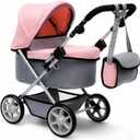Baby Doll Stroller Foldable Doll Pram with Basket,Adjustable Handle,Light Gray/Pink,Dolls Up to 22" Doll, Dolls to Play Baby Doll Convertible Lightweight Pram Stroller for Kids