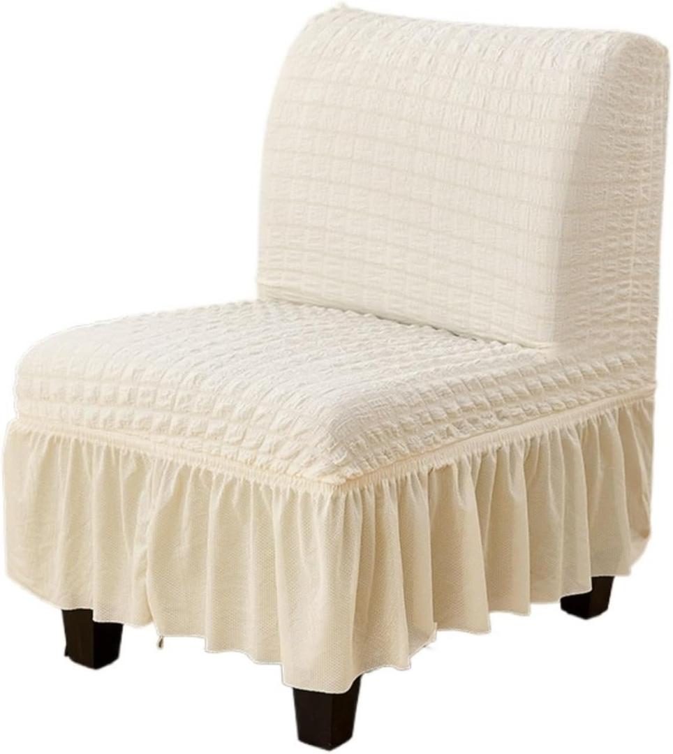 Armless Accent Chair Cover, seesucker Fat Slipper Chair Slipcover with Skirt for Cafe Living Room Hotel (Beige,M)