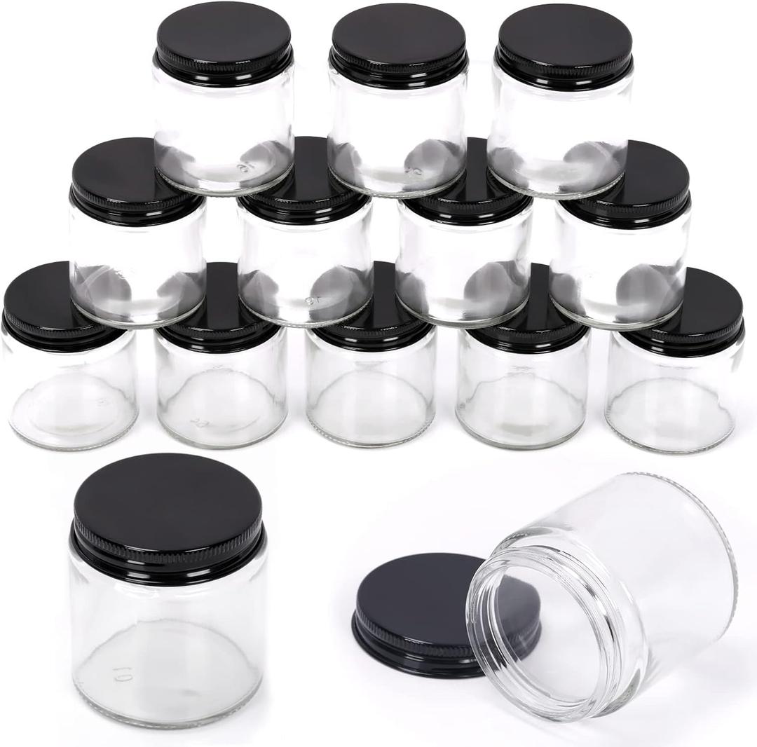 Swpeet 12 Packs 4 oz - 120ML Transparent Glass Jar with Black Lid Assortment Kit, Round Containers Cosmetic Glass Jars with Lids Travel Jars Cosmetic Containers for Cream, Lotion