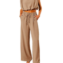 Dokotoo Two Piece Outfits for Women Resort Wear 2024 Sexy Summer Holiday Solid Comfy Sleeveless Crop Tops and Elegant Drawstring High Waisted Long Pants with Pockets Jumpsuits Khaki Small