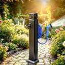 Freestanding Outdoor Water Column Faucet, 39.4in Garden Water Spigot Stand with Dual Outlet Tap, 10M Spray Hose and Hook, Metal Yard Water Station for Patio Backyard Car Wash Pet Bathing