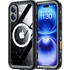 Red2Fire for iPhone 16 Case Waterproof, [Built-in Screen Protector & Camera Protector][Compatible with MagSafe][Full Body Shockproof][IP68 Waterproof][Dustproof] Phone Case 6.1" Black/Clear