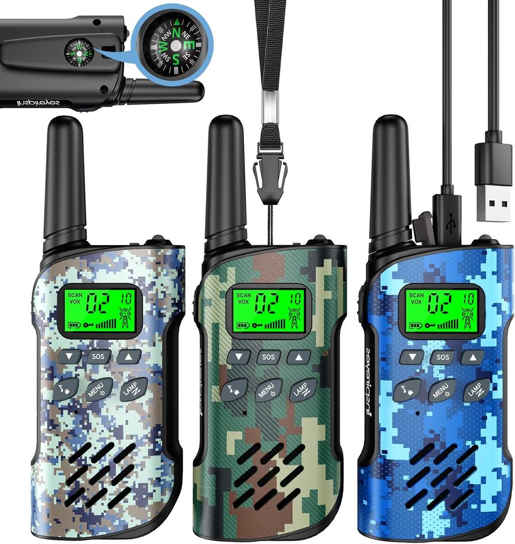 Walkie Talkies for Kids Rechargeable,Toys for Boys and Girls Ages 3-12, 3 Pack Long Range 2-Way Radios, Birthday Gifts,Christmas Stockings, Outdoor Play, Family Games, Hiking Camping Gear (Camouflage Compass)