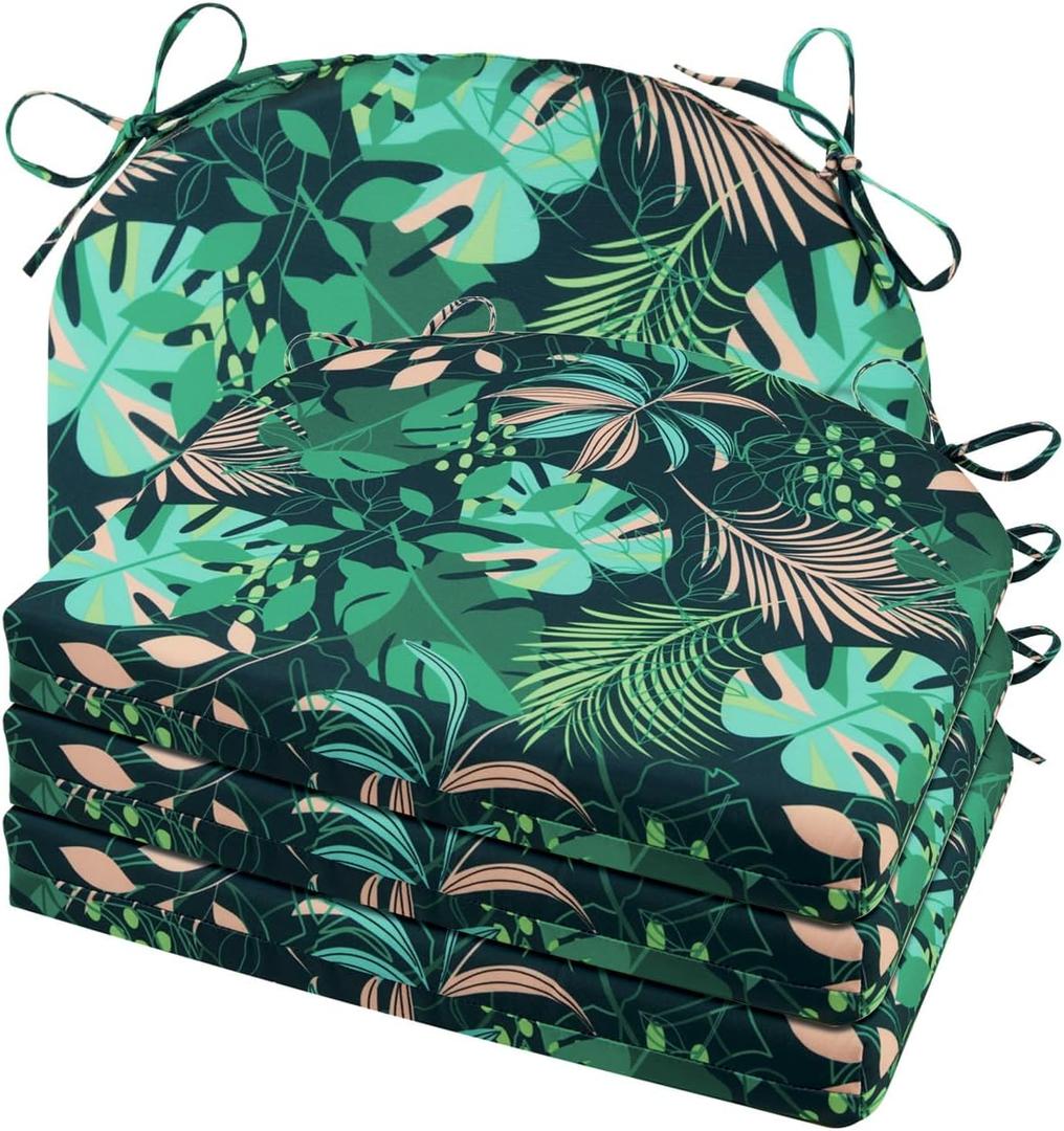 Cozyide Outdoor Chair Cushions, Waterproof Patio Seat Cushions with Adjustable Straps, Round Corner Patio Chair Cushions for Garden, Green Leaf, 17x16x2 Inch (Pack of 4)