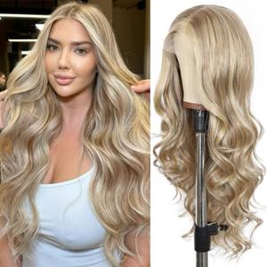 SAPPHIREWIGS Ash Blonde Lace Front Wig 13x4 Synthetic Lace Front Wigs Pre Plucked Highlight Milk Tea Blonde Glueless Long Wavy Wigs for Women Daily Party Use 26 inch
