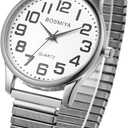 JewelryWe Mens Big Dial Easy Reader Round Quartz Watch Gold/Silver Tone Elastic Band Wristwatch