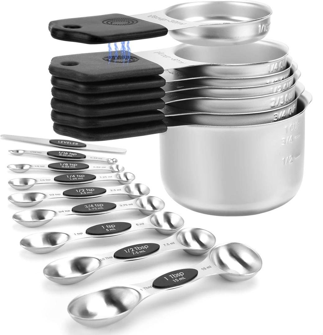 Magnetic Measuring Cups and Spoons Set-Heavy Duty 304 Stainless SteelDouble Measurement MarkingsSet of 16 with Leveler for Measure Dry and Liquid Ingredients (Black)