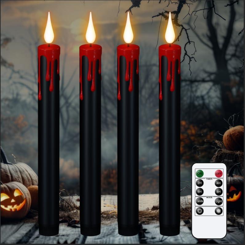 Halloween Black Flameless Taper Candles 5 Pcs Red Drip Wax LED Candlesticks with 3D Flickering Flame for Home Fall Indoor Halloween Decor(0.78 x 8.9 Inches)