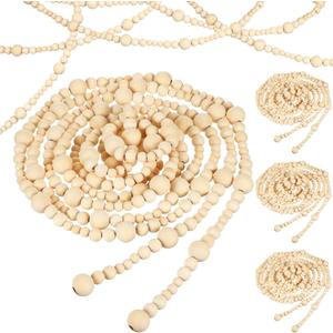 4 Pcs 72 ft Christmas Tree Wood Bead Garland Christmas Wooden Beads Garland Hanging Boho Xmas Decor Rustic Farmhouse Home Decor for Table Wall Holiday Mantel Ornaments (Wood Color)