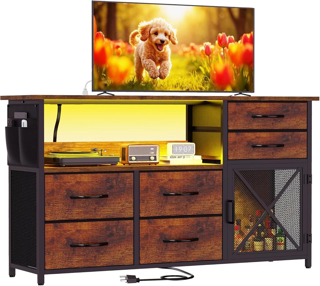 TV Stand Dresser for Living Room, LED TV Stand with 6 Drawers and Lights for Bedroom, Up to 50 inch TV, Long and Wide Dresser Storage Table with Metal Door, Rustic Brown