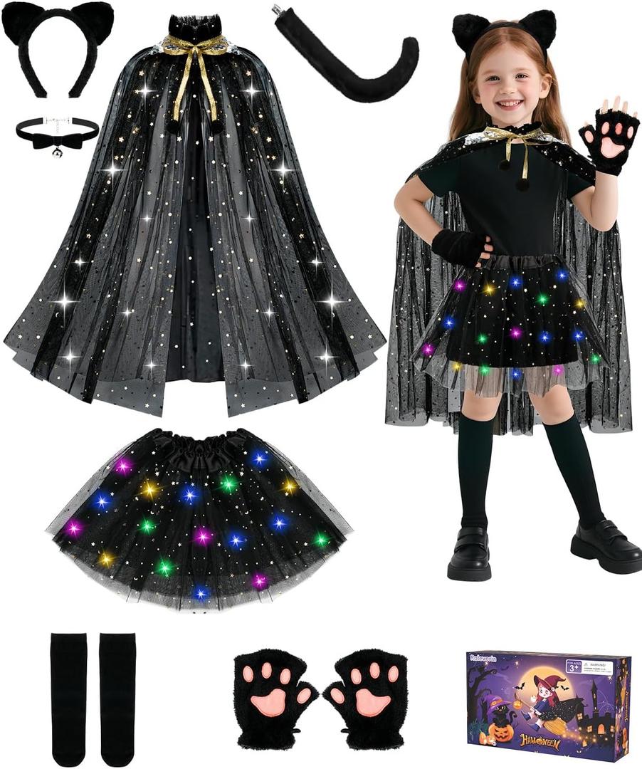 Black Cat Costume for Girls, Halloween Cat Costume Set with Light Up Tutu Skirt, Ears Headband Tail Gloves for Kids