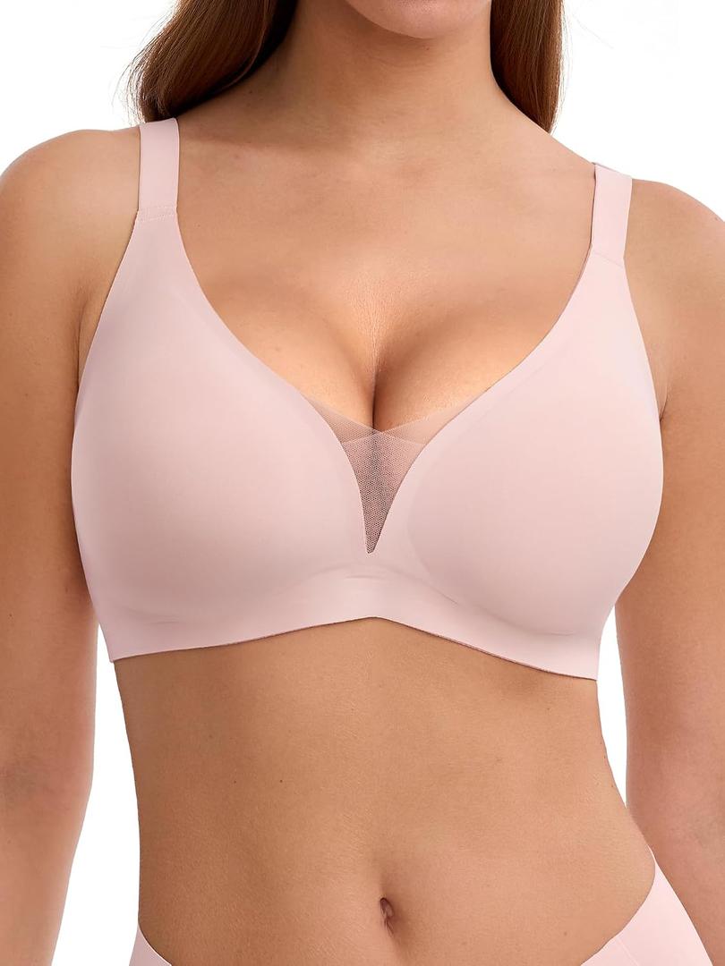 LUCKMEEY Bras for Women No Underwire Deep V Wireless Bra Push Up Seamless Bras Full Coverage Bralettes Everyday Bra Peach Pink