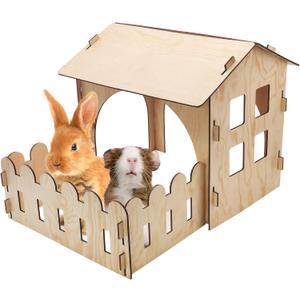 Fhiny Wooden Rabbit Castle Hideout with Fence, Small Animal Rest and Play House Hideaway with Window Detachable Rabbit Bed Hut Bunny Castle for Indoor Chinchilla Guinea Pig Hedgehog