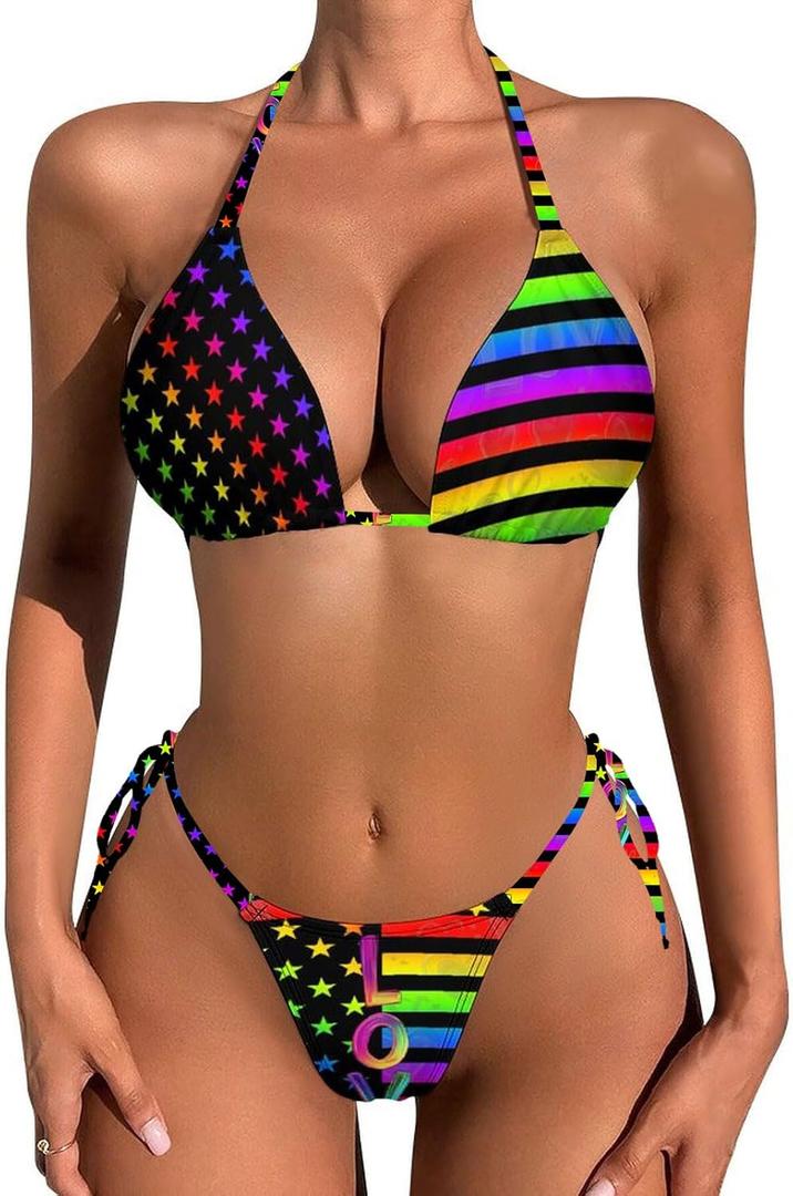Bikini Set for Women Two Piece Swimsuit V Neck String Bathing Suit Halter Top Tie Side Bottom (One Size, Flag)