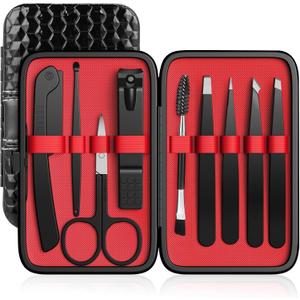 Tweezers Set, Hyxhappy 9 pcs Professional Stainless Steel Tweezers Kit for Facial Hair, Precision Plucker Eyebrow Tweezer Kit with Luxurious Travel Case as Stocking Stuffers Gifts for Women/men (Black and Red)