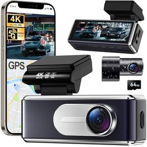 Csyibeielec Dash Cam Front and Rear - 4K HD Dual Dash Camera for Cars, Built-in 5G WiFi GPS, 64GB Card, Dashcam with 3.2" IPS Screen, UHD Night Vision, HDR, App Control, 24H Parking Monitor