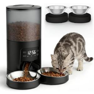 DUMOS 6L Automatic Cat Feeder for 2 Cats, Timed Cat Food Dispenser with 2 Stainless Bowls, 10s Voice Recorder, Dual Power Supply, 6 Meals 50 Portions Per Day, Dual Pet Feeder for Cats and Dogs - Black