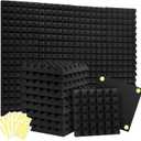 Focusound Acoustic Panels 24 Pack 2"x12"x12" with 120 PCS Double-Side Adhesive - Sound Proof Pyramid Foam for Walls, Home Studio Noise Absorption & Echo Control Kit