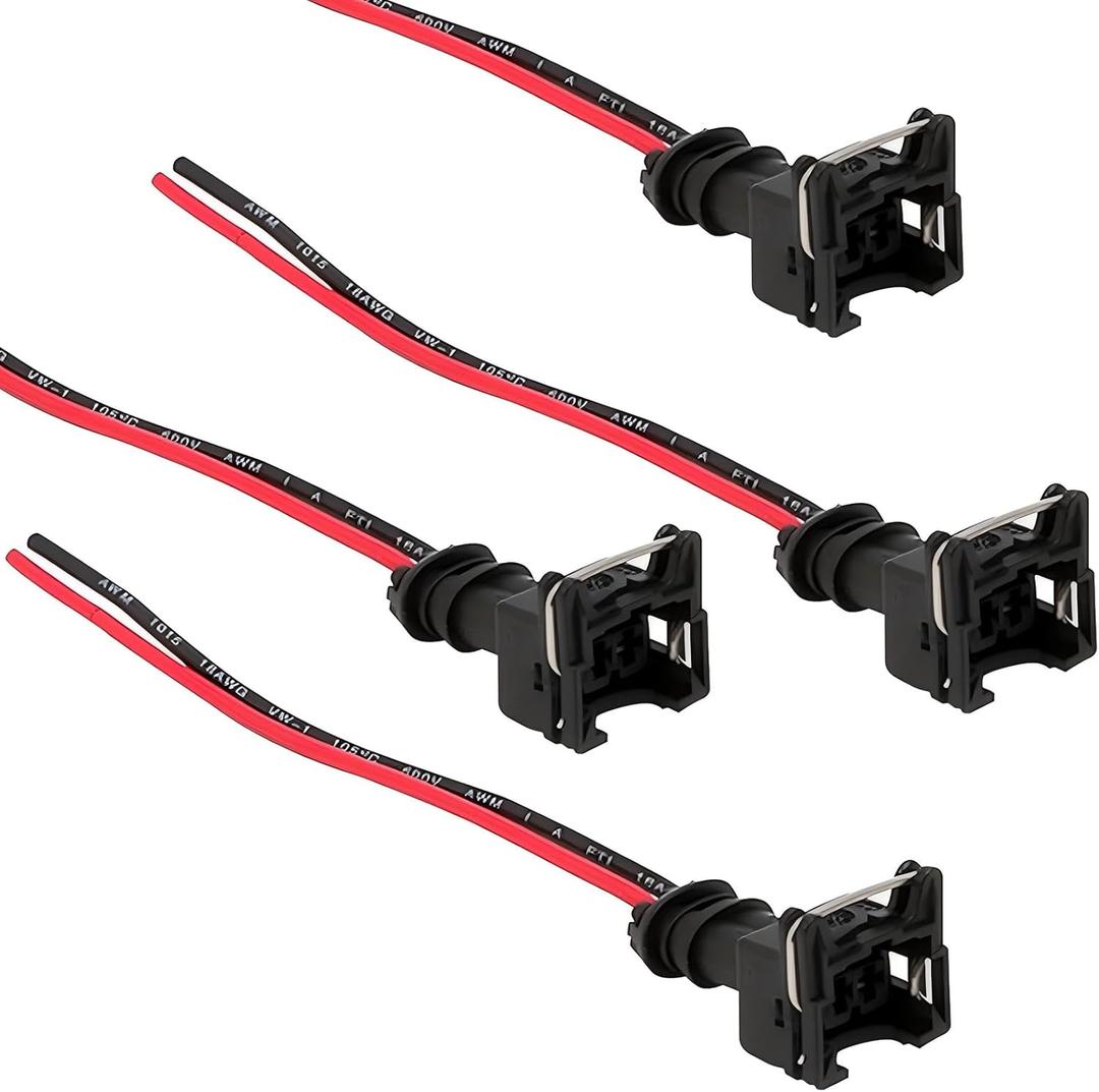 Pack of 4 Fuel Injector Connector, Waterproof Shell + Copper Core Plug Injector, Plug-and-Play Standard Specification Fuel Injector Socket with Extended Pigtail Harness, Universal for Car (Black)