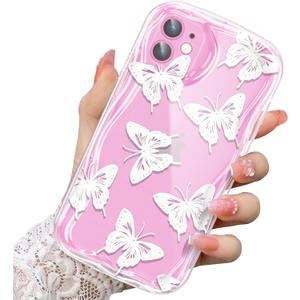 Compatible for iPhone 11 Case, Pretty Butterfly Print Three-Dimensional Wave Clear Case for Girls Women, Soft Full Package Anti-Fall Cover for iPhone 11, White Butterfly