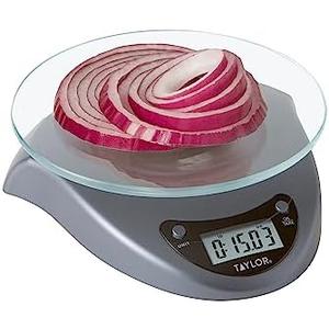 Taylor Digital Kitchen Scale with Glass Platform, Tare Button, and Plastic Body Weighs up to 11 Pounds Capacity, Silver