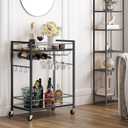 TUTOTAK Bar Cart, Serving Cart - for Home, Microwave Cart, Drink Cart, Mobile Kitchen Shelf with Wine Rack and Glass Holder, Rolling Beverage Cart, Black BC01BK031