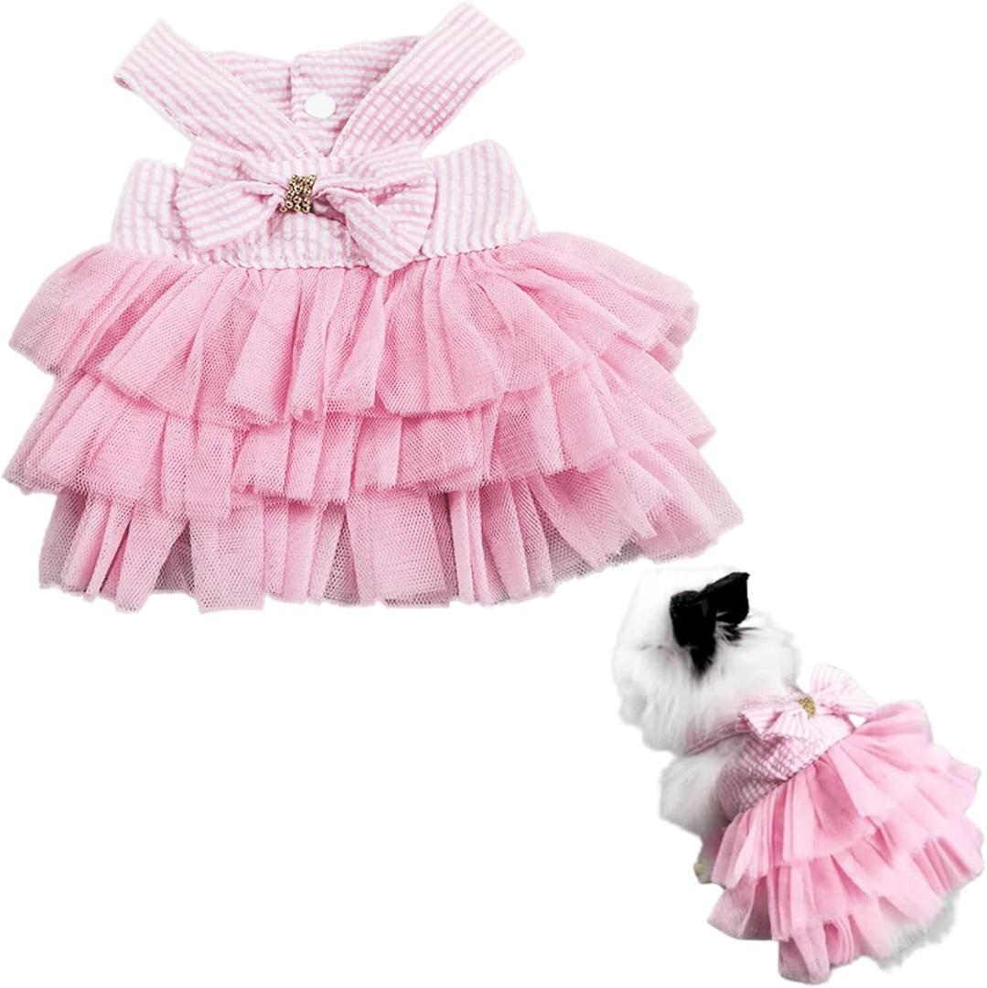 Rabbit Dress Bunny Costume Clothes Skirt Daily Wear Cloth for Small Cat Dog Puppy Chinchilla Guinea Pig, Small Animal Dress for Party Photo (Striped Pink, M)