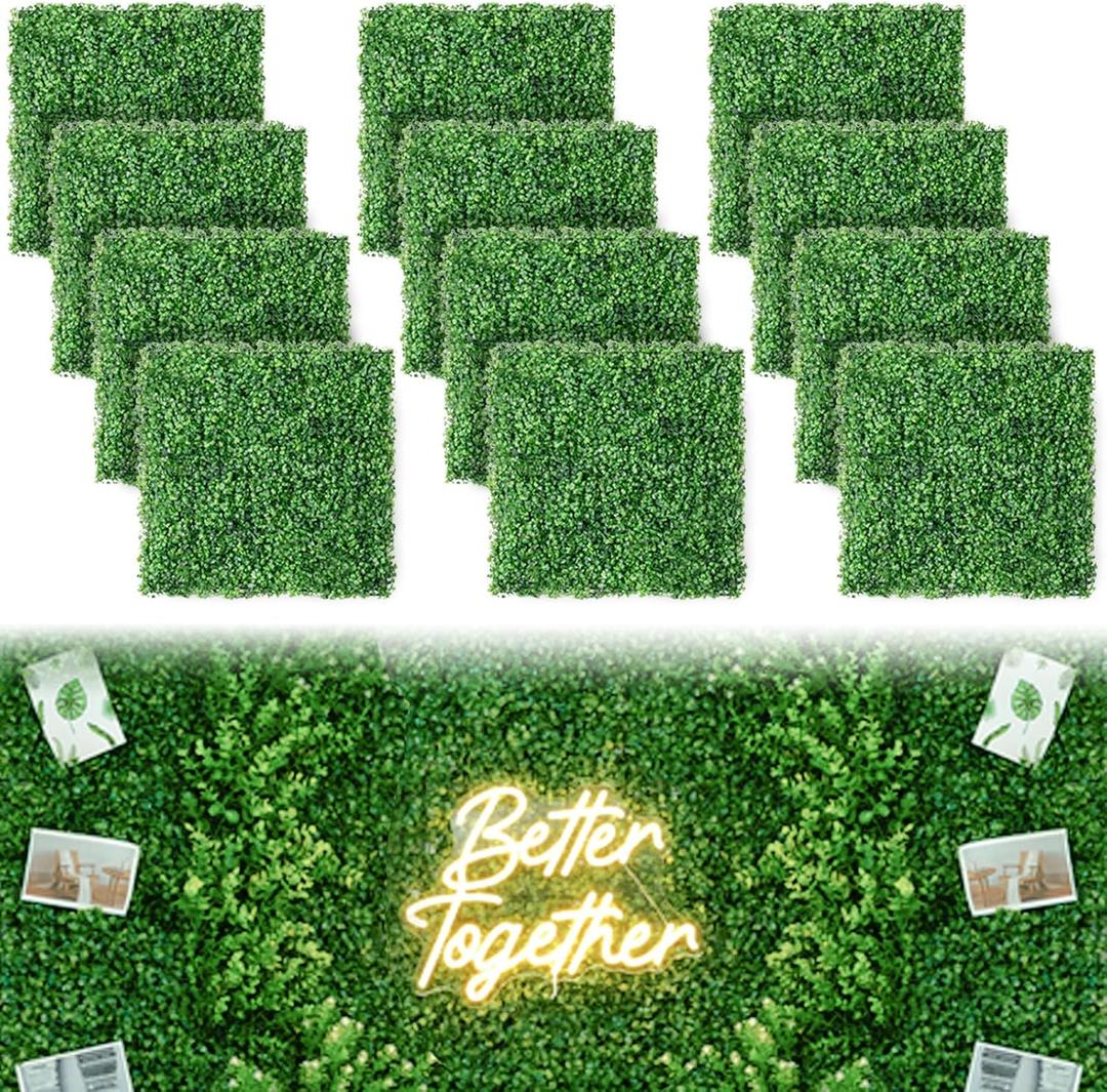 Luyue 12 pcs 20"20" Boxwood Panels, Artificial Grass Wall Panels Fake Greenery Wall Boxwood Hedge Grass Wall Backdrop Greenery Backdrop Wall Fake Plant Wall for Outdoor Indoor Garden Fence Backyard (Green 12pcs)