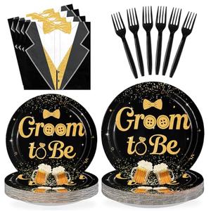 Greencian 96Pcs Groom to Be Party Supplies Groom Shower Bachelor Plates and Napkins Black Gold Theme Party Disposable Paper Tableware Set for Engagement Wedding Bridal Shower Party Supplies Serves 24