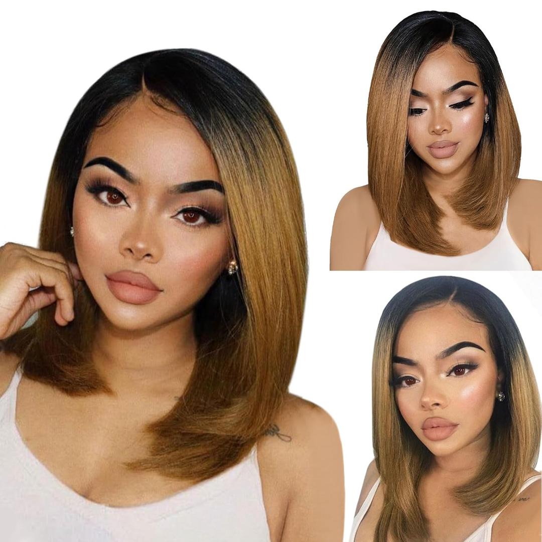 MIMAN 12 Inch Shoulder Length Ombre Brown Bob Wigs for Women Small Lace Front Wig Middle Part Straight Natural Synthetic Hair Replacement Wigs