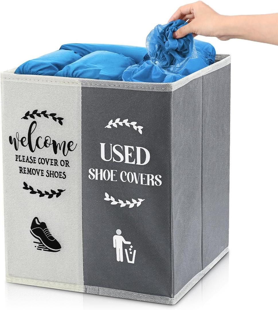 Shoe Cover Box Dispenser Foldable Storage Bin Holder with Used Shoe Covers and Welcome Please or Remove Sign for Open House Supplies(Beige, Gray)