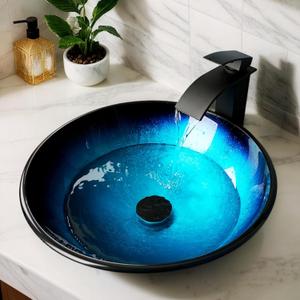 Blue Bathroom Sinks Balck Glass Vessel Sinks for Bathroom Countertop Round Vanity Sink Bowl Combos Black Mixer Faucet and Drain Set Glass Basin Bowl for Bathrooms Large