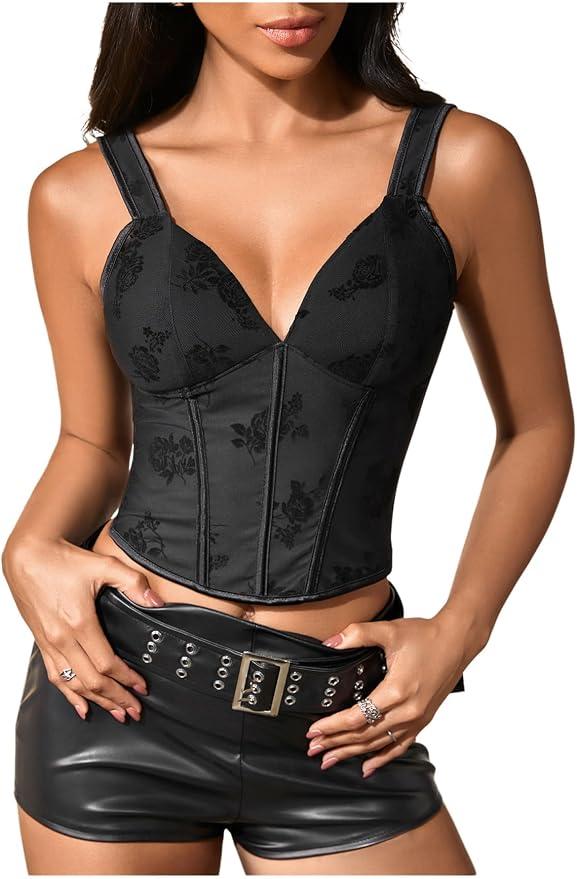 Floerns Women's Floral Deep V Neck Corset Lace Up Back Tank Top Slim Fit Crop Corset Bustier Tops Black Small