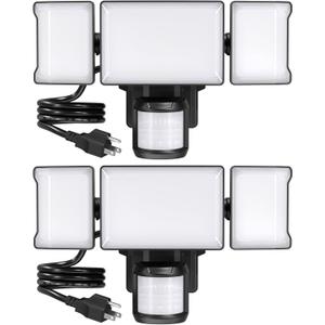Olafus 75W Motion Sensor Outdoor Lights Plug in, 2 Pack Motion Flood Light 3 Heads, 7500LM LED Security Light IP65, Motion Activated 6500K PIR Sensor Lighting for Garage Yard Porch Patio, Black