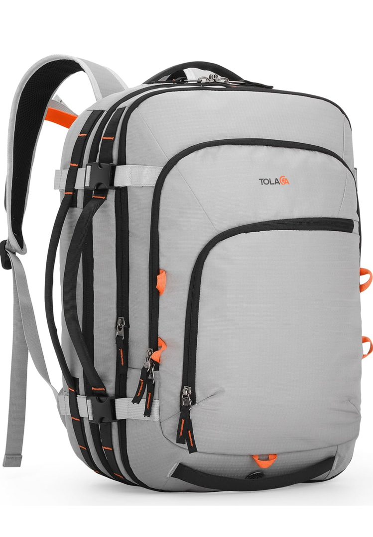 Tolaccea Travel Backpack, TSA Friendly Flight Approved Carry-on Luggage Water-resistant Business Rucksack, Durable Large Computer Bag Daypack Fits 15.6 Inch Laptop, 35-45L Expandable - Grey