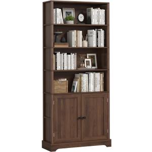 TVU Bookshelf and Bookcase with Doors, 5 Open Shelves & 2 Door Storage Cabinet, 77.2" Tall Freestanding Book Shelf for Living Room, Home Office, Bedroom, Walnut, 6 Tier