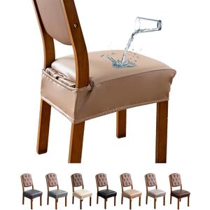 Genina Dining Chair Covers Set of 4, Waterproof PU Leather Dining Seat Covers Stretch Wipeable Dining Room Seat Cover Kitchen Chair Slipcover Protector (Rear-Covered Design, Khaki)