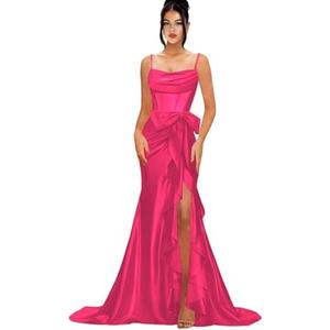 QUANJINR Ruffle Corset Prom Dresses with Bows for Teens 2025 Spaghetti Straps Mermaid Cocktail Dress Long with Slit Size 10