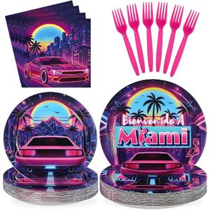 96 Pcs Bienvenido a Miami Party Decorations, Serves 24 | Retro Summer Disco Plates and Napkins Tropical Neon Tableware Set for Miami Birthday Summer Beach Disco Style Pool Party