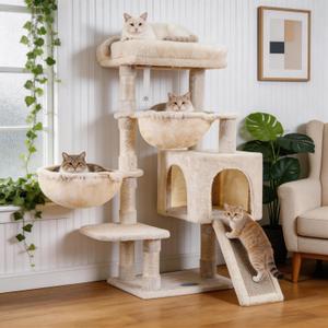 Hey-brother Cat Tree, Cat Tower for Indoor Cats, Cat House with Large Padded Bed, Cozy Condo, Hammocks, Sisal Scratching Posts, Big Scratcher, Beige MPJ006SM